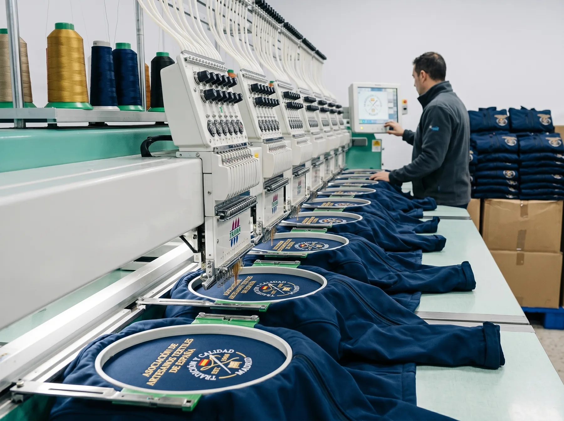 Producción en serie de sudaderas en taller de personalización