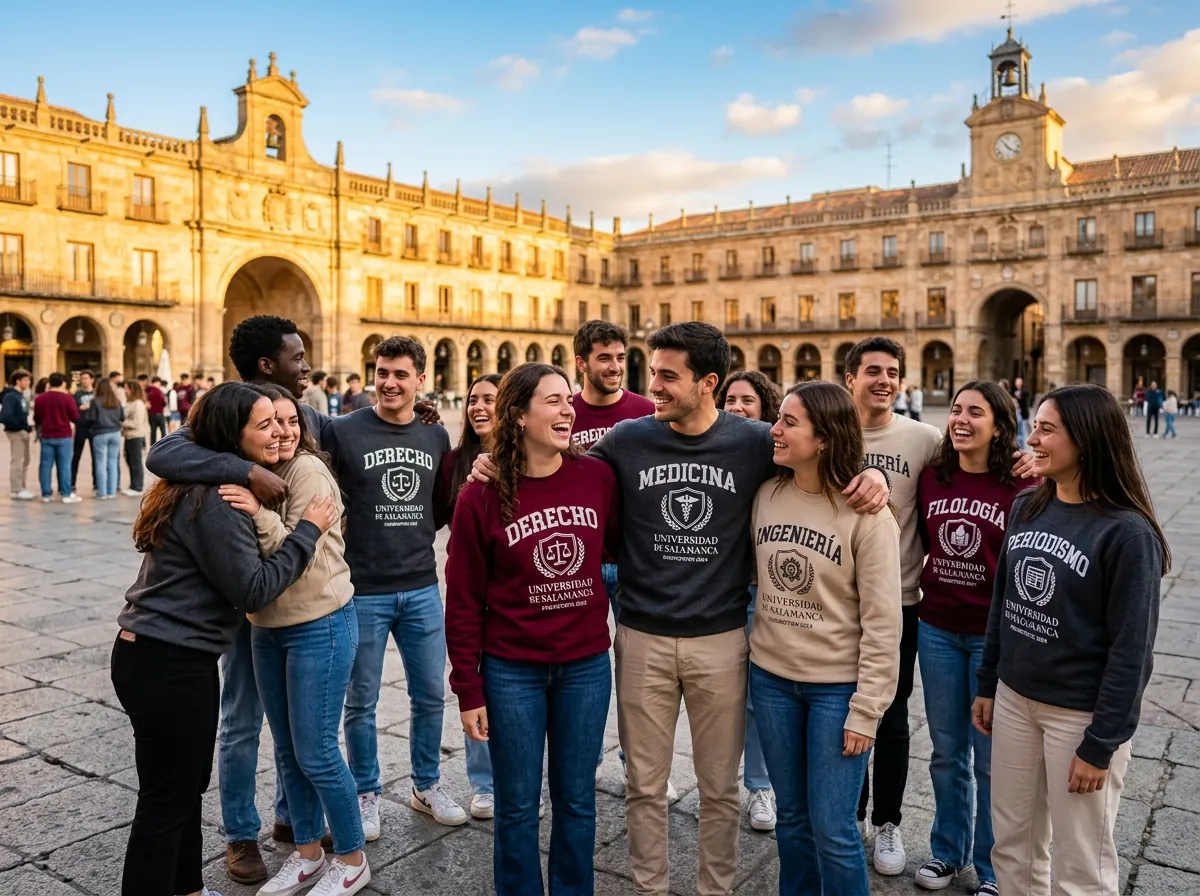 Grupo universitario con sudaderas personalizadas de fin de carrera