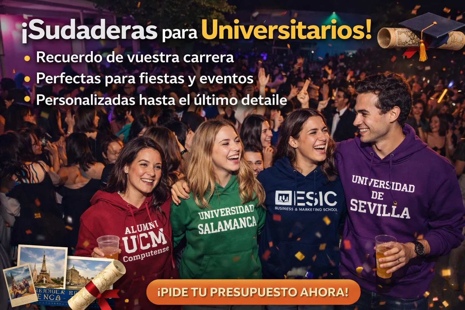 Estudiantes universitarios con sudaderas personalizadas de distintas universidades